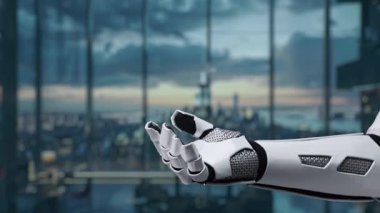 Robot bir el, modern bir iş ortamında teknoloji, güvenlik ve veri entegrasyonunu simgeleyen, yenilik ve bağlantı gösteren parlak simgeler sunar. Auvana