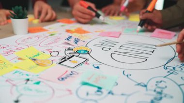 Değişik bireylerin renkli yapışkan notlar ve beyaz tahta üzerindeki işaretlerle fikirlerini paylaştığı dinamik beyin fırtınası sahnesinin ilgi çekici bir sahnesi. SACTR