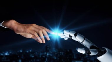 Gelecekçi robot yapay zeka yapay zeka yapay zekayı aydınlatıyor ve makine öğrenme kavramını geliştiriyor. İnsan hayatının geleceği için küresel robot biyonik bilim araştırması. 3B görüntüleme grafiği.