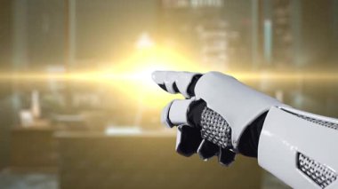 Bir robot kol, gelişmiş teknoloji, yapay zeka ve modern iletişim kavramlarını temsil eden, şık ofis ortamındaki sanal bir klasöre interaktif olarak işaret eder. Auvana