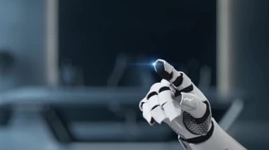 Fütüristik bir robot el, bir dizi dijital simgeyle etkileşime girer, otomasyon ve veri yönetimini parlak bir teknoloji arayüzünde temsil eder, yeniliği sembolize eder. Auvana