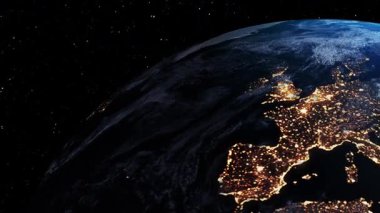 Gerçekçi coğrafya yüzeyi ve bulutların atmosferiyle Dünya 'nın 3D yörüngesel animasyonu. Kıtaları ve okyanus manzarasını gösteren dönen dünya küresi .