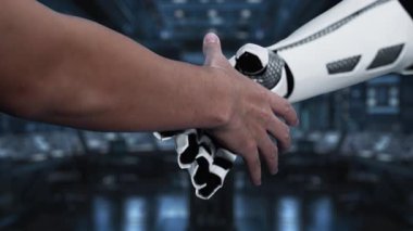 Bir insan eli ve robotik el modern bir ofiste dijital bir etkileşime girerek, çeşitli simgeler ve araçlarla dolu fütüristik bir arama arayüzü sergiliyor. Auvana