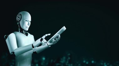 AI robot huminoid uses cloud computing technology to store data on online server . Futuristic concept of cloud information storage analyzed by machine learning process . 3D rendering .