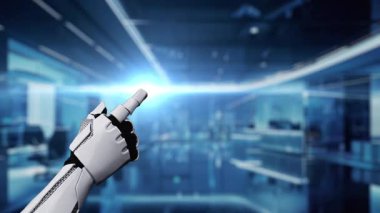 Bir robot el, çağdaş çalışma alanı ortamında küresel bağlantı ve akıllı teknolojiyi gösteren yüksek teknolojili bir dijital arayüzle bağlantı kurar. Auvana