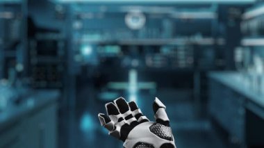 Robotik eli kapat, avuç içini aç ve DNA hologramı yüzsün. Tıbbi verilere erişip belirtilere bağlanırken DNA holografiğini gösteren bir el. Genetik konsept. Sağlıklı..