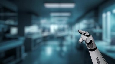 Bulanık laboratuvar arka planına sahip DNA hologramına robotik el gösterimi ve dokunuşlarını kapat. Tıbbi verilere erişmek ve onları teşhis semptomlarına bağlamak için robot el DNA ikonuna tıklıyor. Sağlıklı..