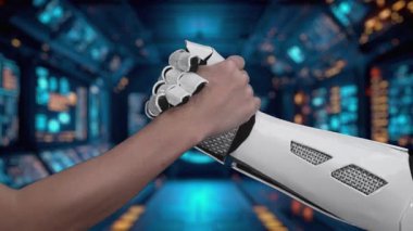 Bir insan eli ve birbirine uzanan robot bir el, modern bir çalışma alanında yapay zeka ve insan çabaları arasındaki yenilikçi işbirliğini temsil ediyor. Auvana