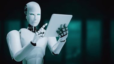 Büyük veri analizi için tablet bilgisayar kullanan robot insansı yapay zeka, yapay zeka ve 4. endüstriyel devrim için makine öğrenme yöntemlerini kullanıyor. 3B görüntüleme.