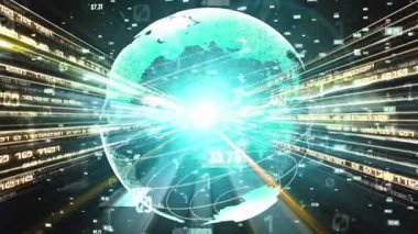 Fütürist küresel ağ ve dijital veri transferi 3D grafik. Yeni bilgi çağındaki küresel eğilimleri değiştiren akıllı dijital dönüşüm ve teknoloji bozulması kavramı .