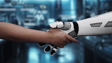Robot elini kapat ve insan anatomisi hologramıyla el sıkış. Yapay zeka ve insanın birlikte çalışması ya da bulanık laboratuarlı x ışını hologramıyla anlaşma yapması. Sağlıklı..
