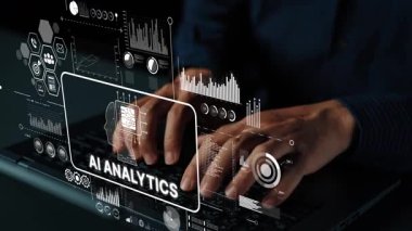 Modern Ofis Ortamı 'nda Yapay Zeka Analitik Veri Görselleştirmesi Üzerine Dizüstü Bilgisayarda Yazan Eller. Asemptotik akıllı veri analitiği.