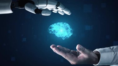 Gelecekçi robot yapay zeka yapay zeka yapay zekayı aydınlatıyor ve makine öğrenme kavramını geliştiriyor. İnsan hayatının geleceği için küresel robot kuantum bilimi araştırması. 3B görüntüleme grafiği.