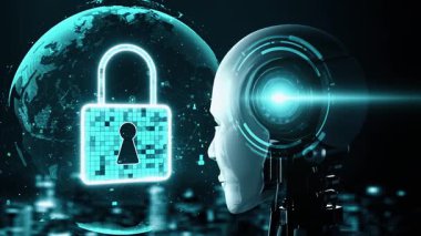 AI robot huminoid uses cloud computing technology to store data on online server . Futuristic concept of cloud information storage analyzed by machine learning process . 3D rendering .