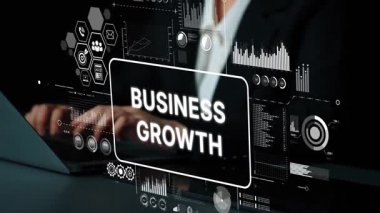 Modern ofis ortamında İş Büyütme Stratejileri Analizi ve Teknoloji Görselleştirmesi. Asemptotik akıllı veri analitiği.