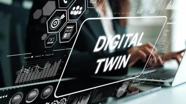 Modern Çalışma Alanında İş Sezgileri ve Veri Görselleştirmesi ile Dijital İkiz Teknolojisi kavramı. Asemptotik akıllı veri analitiği.