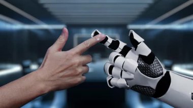 Bir insan eli ve robotik el modern bir ofiste dijital bir etkileşime girerek, çeşitli simgeler ve araçlarla dolu fütüristik bir arama arayüzü sergiliyor. Auvana