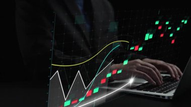 Bir dizüstü bilgisayarda dijital borsa verileriyle uğraşan bir finans uzmanı, piyasa eğilimleri ve finansal büyümeyi gösteren canlı grafikler ve grafikler sergiliyor. Copula