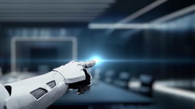 Fütürist robot bir el, modern bir çalışma ortamında veri yönetimi ve üretkenliği sembolize eden çeşitli simgeleri gösteren dijital bir arayüzle etkileşir. Auvana