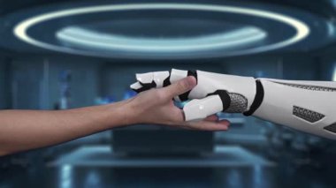 Bir el modern bir iş ortamında yüzen holografik insan figürleriyle iletişim kurmak için uzanıyor, teknolojideki yeniliği ve dijital bağlantıyı sembolize ediyor. Auvana