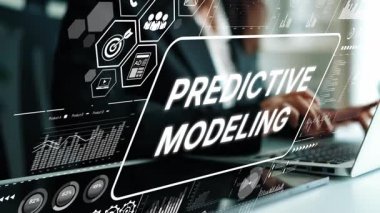 Ofis ortamında dijital ekranla ilgili grafikler ve veri analizleriyle öngörülebilir modelleme modern iş kavramı. Asemptotik akıllı veri analitiği.