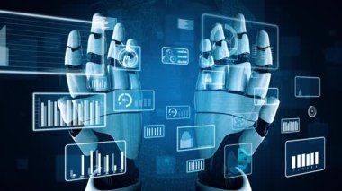 Robotik ellerin dijital arayüzle etkileşime geçerek veri analizlerini gösteren büyüleyici bir görüntüsü. Bu tasvirde teknoloji, yenilik ve sanal gerçeklik kavramları vurgulanıyor. Xenic