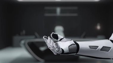 Fütüristik bir robot elinde, ileri teknoloji ve yenilikleri gösteren, canlı geometrik şekiller ve dinamik ışıklar içeren veri görselleştirmesi sergileniyor. Auvana