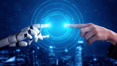 Teknoloji ve insan çabaları arasındaki işbirliğinin dinamik görsel temsili, dijital grafiklerle şehir siluetine karşı büyüme ve veri analizlerinin sergilenmesi. Copula