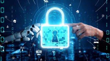 Siber güvenlik ve veri korumasındaki işbirliğini temsil eden dijital kilit sembolüne uzanan bir insan eli ve robotik elin gelecekteki tasviri. Xenic