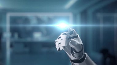 Robotik bir el, yapay zeka teknolojisini ve veri analizlerini göstererek dijital yenilik ve otomasyonu gösteren holografik bir arayüzle etkileşir. Auvana