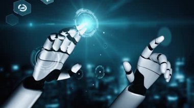 Gelecekçi robot yapay zeka yapay zeka yapay zekayı aydınlatıyor ve makine öğrenme kavramını geliştiriyor. İnsan hayatının geleceği için küresel robot biyonik bilim araştırması. 3B görüntüleme grafiği.