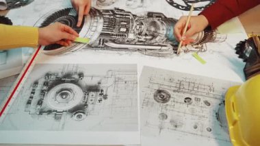 Nişanlı mühendisler, profesyonel bir atölye ortamında takım çalışması ve hassasiyetini gösteren ayrıntılı çizimler ve araçlarla çevrili türbin motor projesine odaklanıyorlar. SACTR