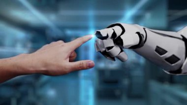 Robot ve insan elini uzatıyor ve yüzen tıbbi haç ikonu ile parmağıyla işaret ediyor. Laboratuvar geçmişini işaret ederken robot eller ve insanların birlikte çalışması yakın plan. Sağlıklı..