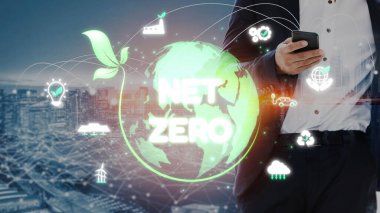 Çevresel denge, dijital sürdürülebilirlik ikonları, yeşil enerji hedefleri ve gelecek için eko-bilinçli dijital iş dönüşümü ile ağ sıfır ve sürdürülebilirlik kavramları. Muxer