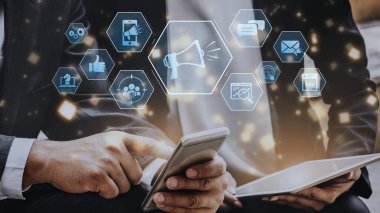 Digital marketing promotion strategy using megaphone, social media marketing, digital ads video content, communication, analytics, and global branding advertisement for business outreach Marrow