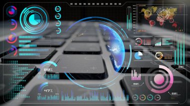 Dünya çapında dijital iletişimi, veri alışverişini ve internet bağlantısını gösteren yüksek teknolojili küresel ağ bağlantı arayüzü. Küresel bağlantı, veri etkileşimi ve dünya çapında iletişim. Thunk