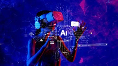 Discover a vibrant representation of an innovative virtual assistant concept using AI technology, showcasing human interaction in a colorful digital landscape. XDMCP