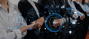 A diverse group of business professionals in formal attire stands in a modern workspace, surrounded by digital technology visuals, emphasizing collaboration and innovation. Trope