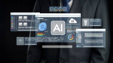 Gösterişli bir dijital ortamda, bir işadamı yenilik ve profesyonelliğin füzyonunu sergileyerek son teknoloji yapay zeka ve veri analiz araçlarıyla uğraşıyor. Dörtgen