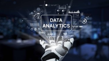 A robotic hand presenting the concept of data analytics, featuring dynamic visual elements like graphs and charts, set against a modern office backdrop. Synapse