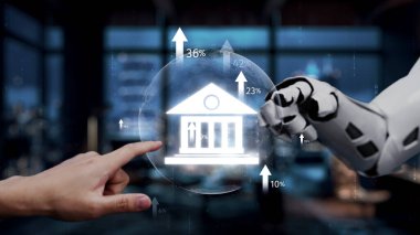 This image showcases a human hand and a robotic arm interacting with digital stats, representing growth in the banking sector, in a sleek, modern office setting. Auvana