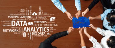 A diverse team collaborates on data analytics strategy, engaging with various concepts including machine learning and cloud computing, fostering innovation in modern business. Amity