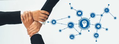 Visual representation of business collaboration with hands joining over a digital network. Highlights innovation and AI connection in a modern technology-driven world. Amity