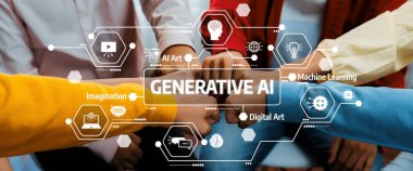 A striking image highlighting collaboration among diverse hands in the context of generative AI, featuring icons that represent imagination, digital art, and machine learning concepts. Amity
