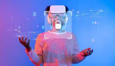 A young individual immersed in virtual reality, surrounded by graphics representing data security and privacy, showcasing the blend of technology and digital interaction. XDMCP