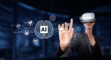 A woman engages with a virtual reality headset in a modern tech setting, showcasing artificial intelligence concepts symbolizing the future of human-computer interaction. XDMCP