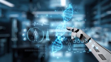 Bulanık laboratuvar arka planına sahip DNA hologramına robotik el gösterimi ve dokunuşlarını kapat. Tıbbi verilere erişmek ve onları teşhis semptomlarına bağlamak için robot el DNA ikonuna tıklıyor. Sağlıklı..