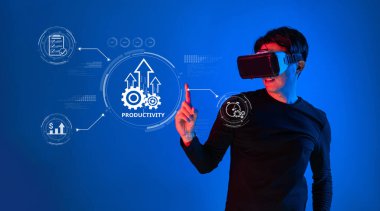 A user engages with virtual reality technology to boost productivity. The graphic representation highlights innovation and growth within a modern work environment. XDMCP