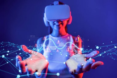 A person immersed in a virtual reality environment, interacting with dynamic stock market data, analytics, and alerts. This visual represents the fusion of technology and finance. XDMCP