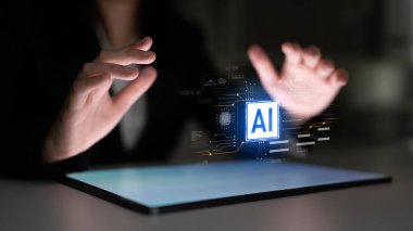 Yapay zeka teknolojisi dijital devre bağlantılarıyla sunulur, yapay zeka sistemlerini sembolize eder, işleme gücünü ve modern dijital platformlara entegrasyonu simgeler.